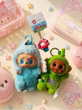 Plush Character Keychain Duo - Blue & Green Cute Plush Holders + Hello Kitty